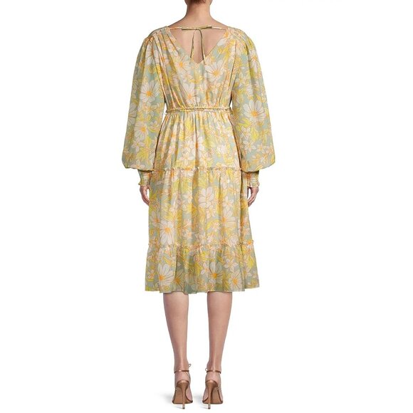 Rachel Parcell Daisy Floral Chiffon Drawstring Midi-Dress Light Blue Yellow Med - Picture 4 of 13